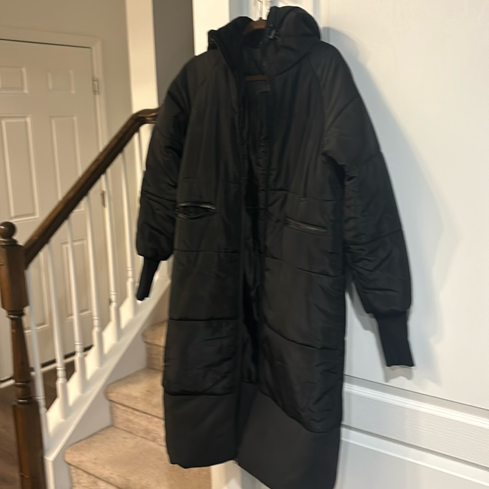 Story of Lola full length black puffer quilted coat with hood